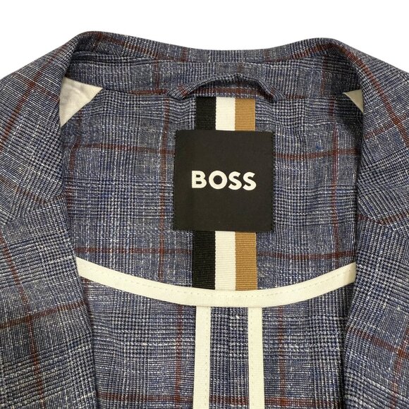 Hugo Boss Slim-Fit Micro-Patterned Jacket Blue Checkered Linen Cotton Blend Sz L - Picture 4 of 16
